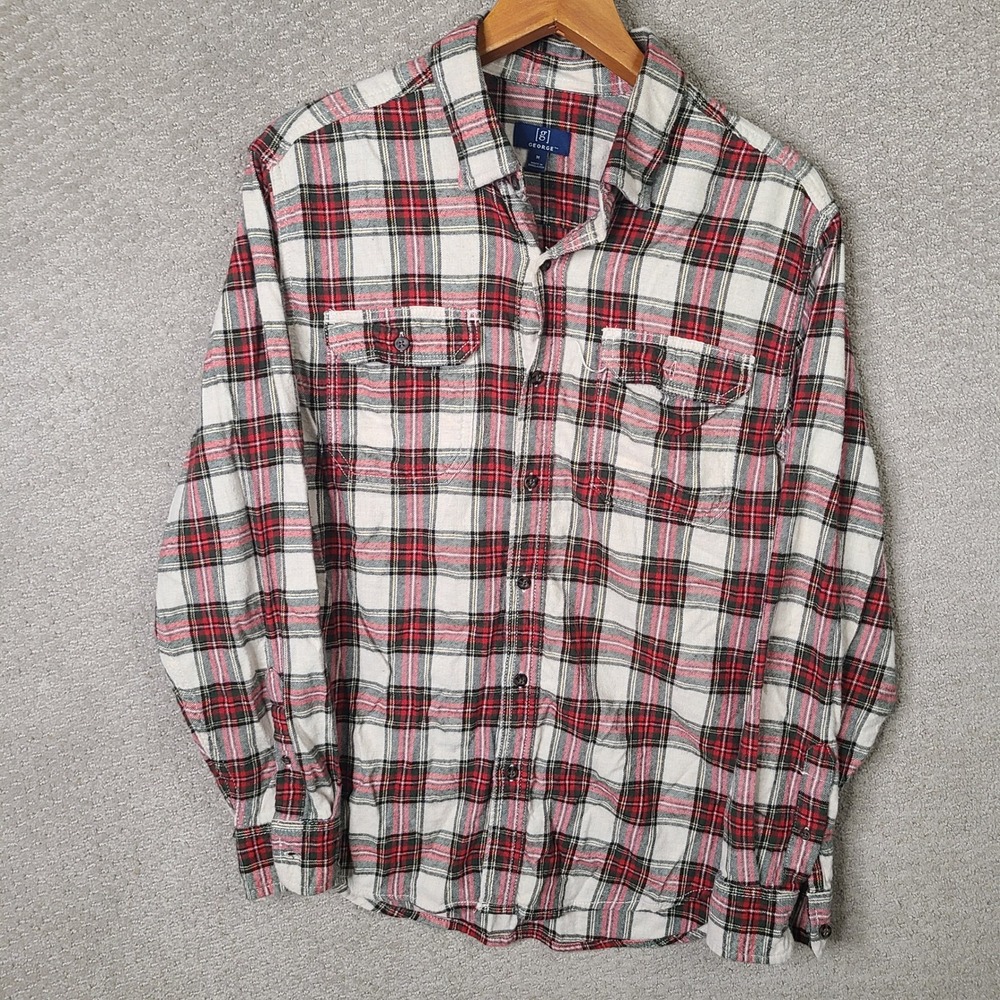 George Shirt Mens M Red Plaid Button Down Flannel Cotton Viscose Long Sleeve